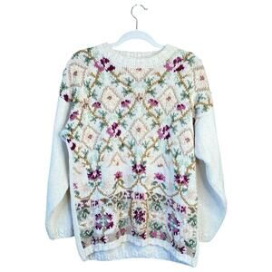 Vintage 80s 90s Knit Cream Sweater Size Medium Floral Grannycore Honors Grandma